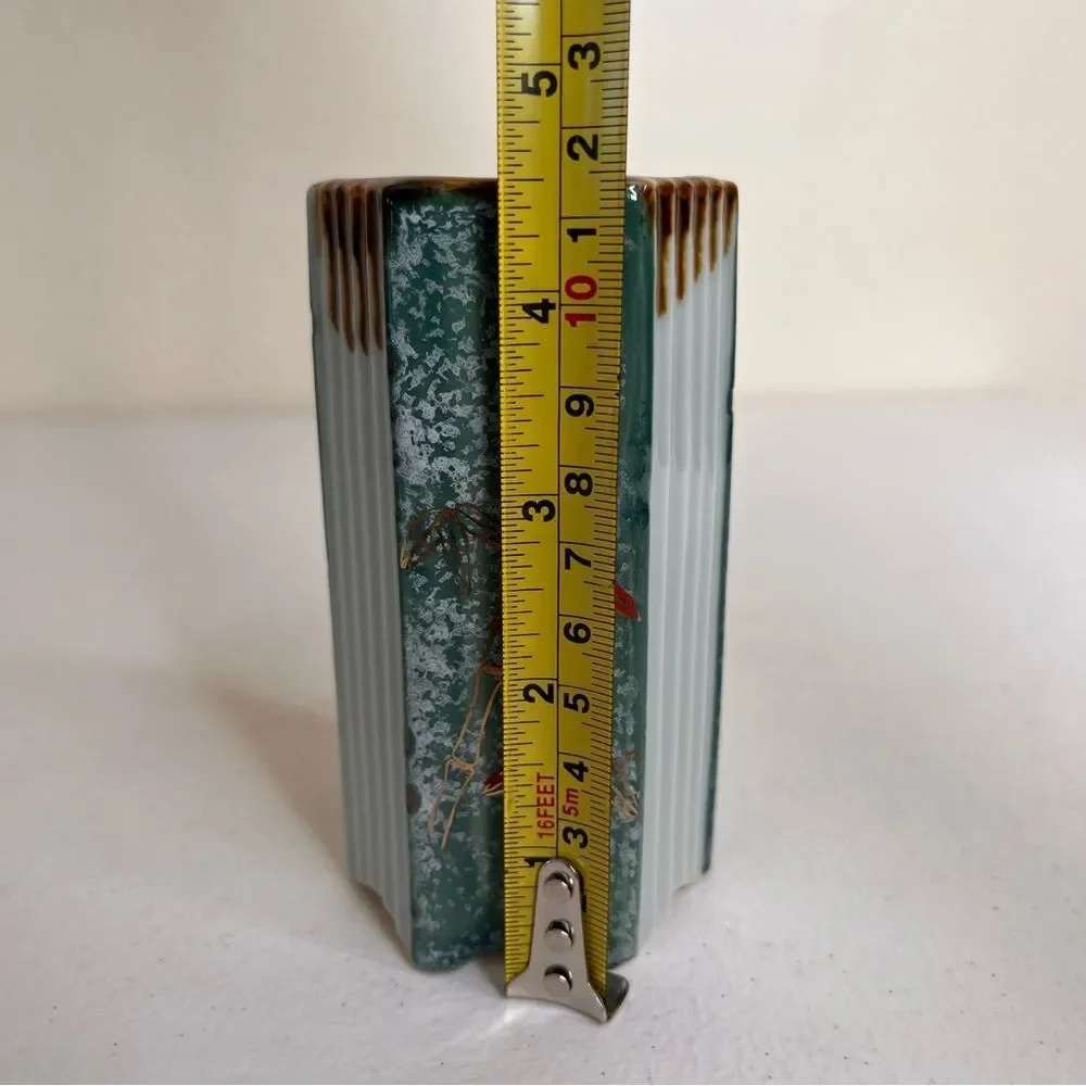 Vintage Hexagon Shape Japanese Vase Bamboo Green Sponge Red Gold Ridged Brown - Picture 9 of 11